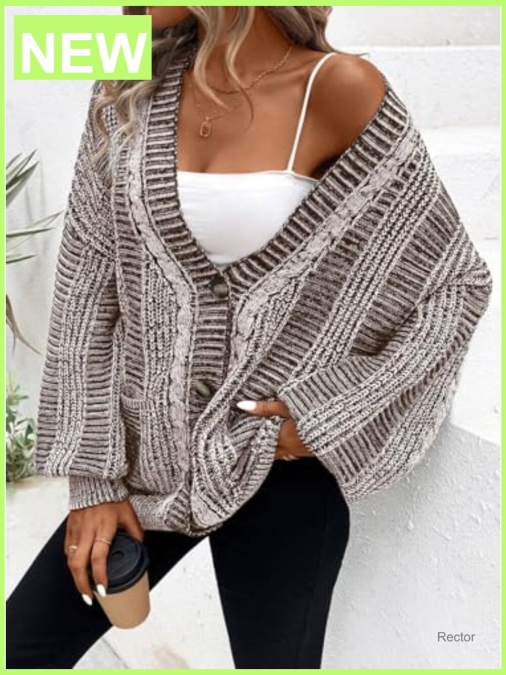 Oversized Cable Knit Cardigan with Pockets Long Sleeve - Picture 2 of 7